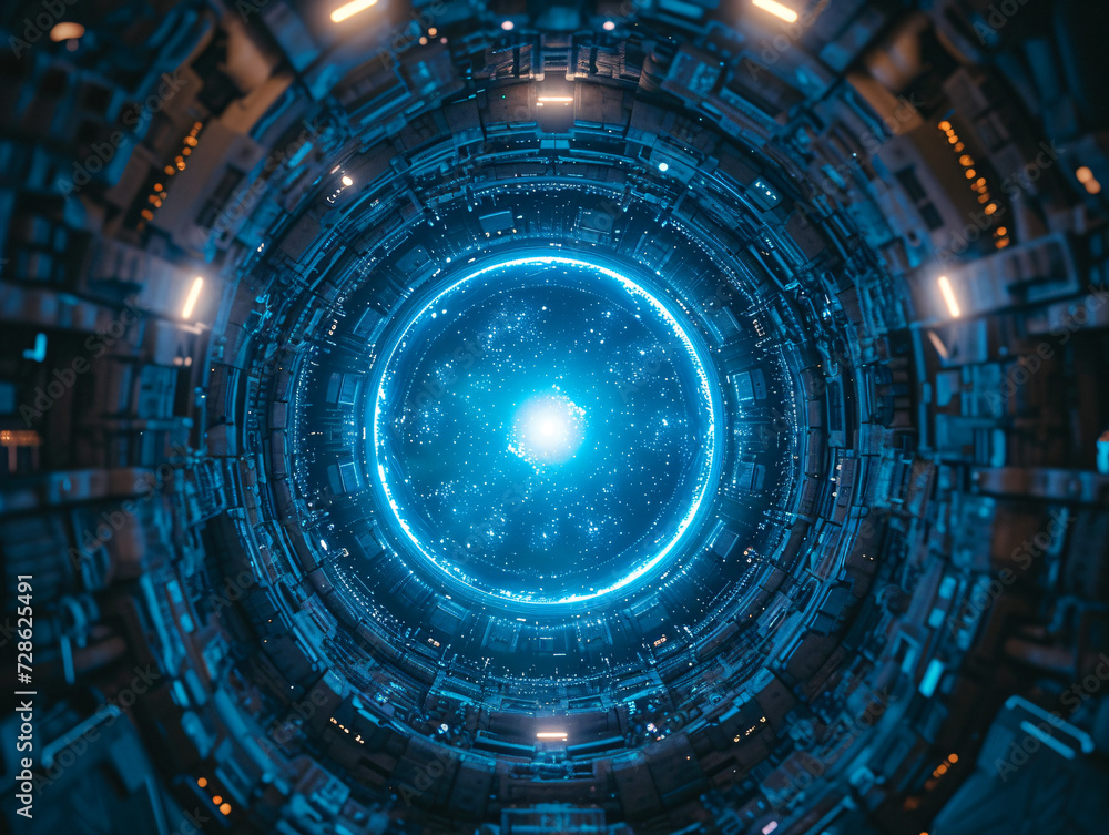 A futuristic blue tunnel with a bright light at the end. The walls are made of panels and there are small lights on the sides. A futuristic blue tunnel with a bright light at the end. The walls are made of panels and there are small lights on the sides.