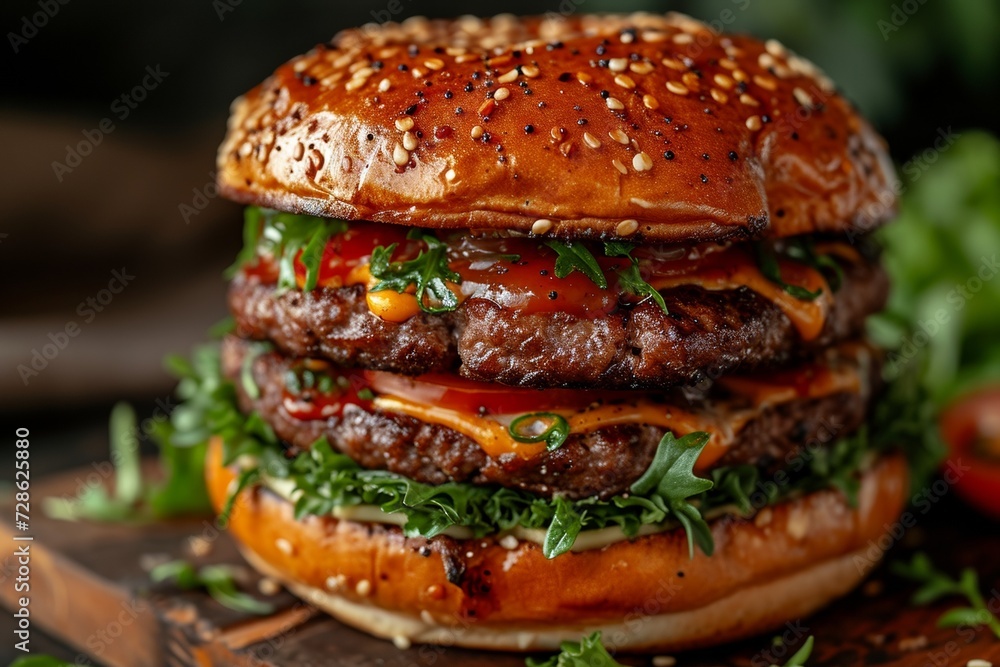 A juicy and delicious double cheeseburger with grilled beef, fresh ingredients, and a rustic ambiance. A juicy and delicious double cheeseburger with grilled beef, fresh ingredients, and a rustic ambiance.