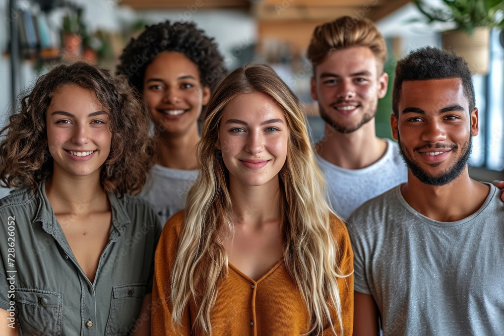 Fototapeta premium A cheerful, diverse team of successful students, capturing a group selfie.