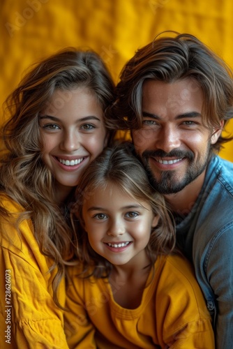 A happy family portrait with parents and daughter, enjoying togetherness at home.