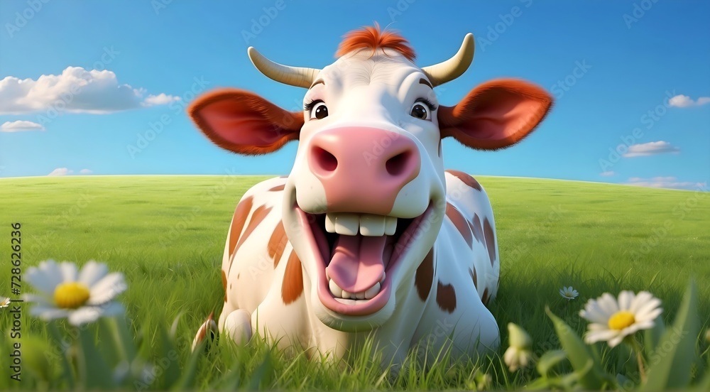 Happy Cow Grazing on Green Meadow
