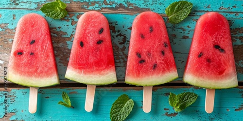 Red watermelon ice lollies with mint leaves on a rustic wooden background.