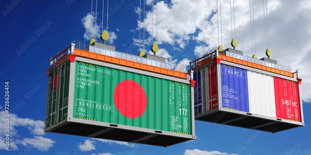 Shipping containers with flags of Bangladesh and France - 3D illustration