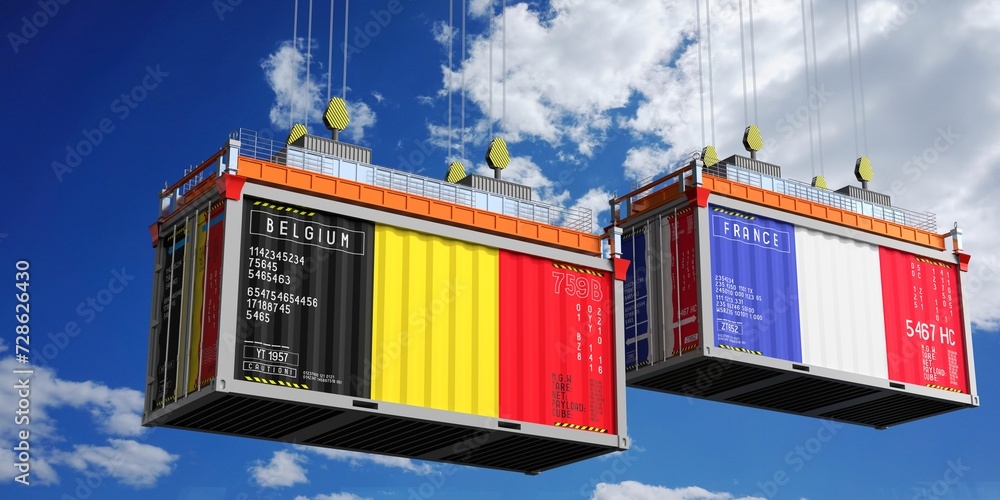 Shipping containers with flags of Belgium and France - 3D illustration