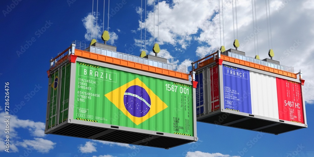 Shipping containers with flags of Brazil and France - 3D illustration Shipping containers with flags of Brazil and France - 3D illustration