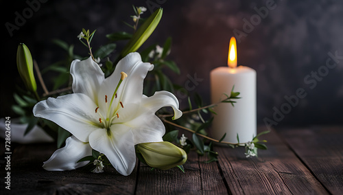 funeral arrangement and white lily with white candle  photo