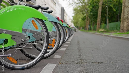 France, Row of available bikes at a Velib rental station. bike rental in Paris