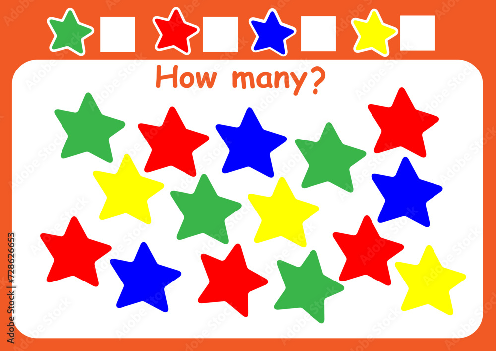 How many stars are there? Counting game for children. Math assignment for preschoolers. How many stars are there? Counting game for children. Math assignment for preschoolers.