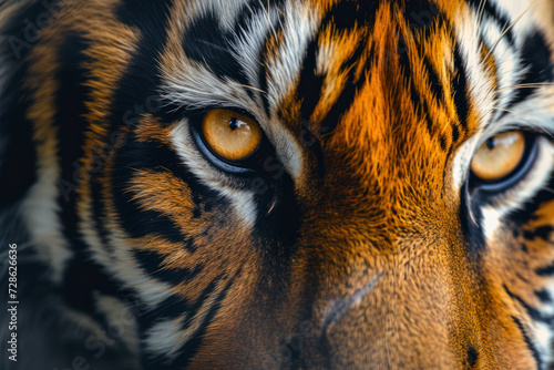 Macro Tiger open eye black orange fur. Dangerous cat animal tropical jungle forest hunter close up photo.