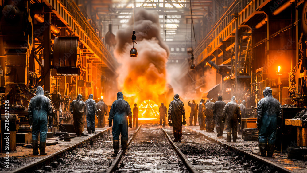 Industrial workers in a metalworking factory surrounded by the glow of molten metal and machinery.