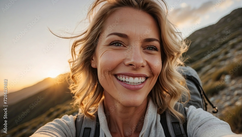 Close-up selfie of a joyful middle-aged woman with blonde hair, bright smile, hiking background at sunset. Close-up selfie of a joyful middle-aged woman with blonde hair, bright smile, hiking background at sunset.