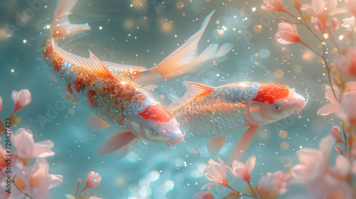 Two goldfish swimming in a clear tank. The water has bubbles in it, creating a sparkling effect. The fish are orange and white. © wing