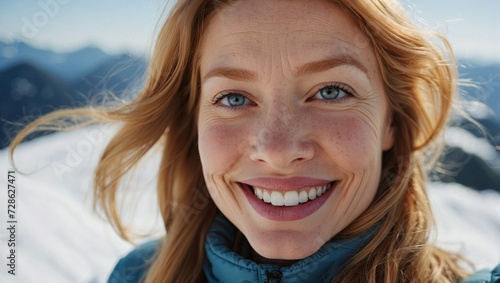 Smiling middle-aged redhead woman taking a selfie with snowy mountains in the background.