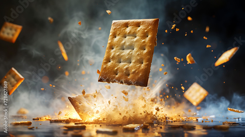 photo of a rectangular cracker breaking in half suspended in the air and with borojnas flying towards the camera photo