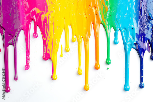 Rainbow colored paint dripping on white background. Banner with colored oil streaks - pride colors