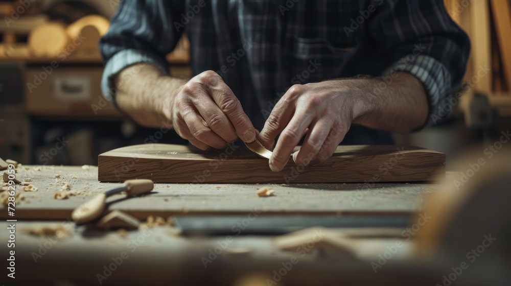 Craftsman hands carving wood with precision in a dusty workshop. Craftsman hands carving wood with precision in a dusty workshop.