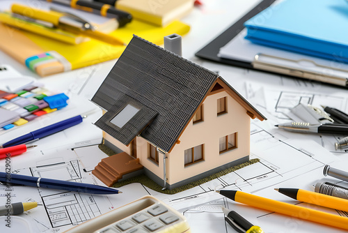 Shot of small house model surrounded by office supplies like pens and paper