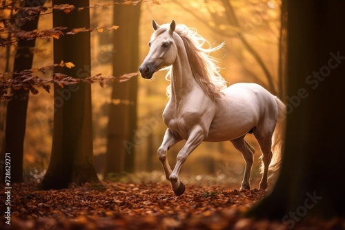 White horse in autumn forest  wallpaper background