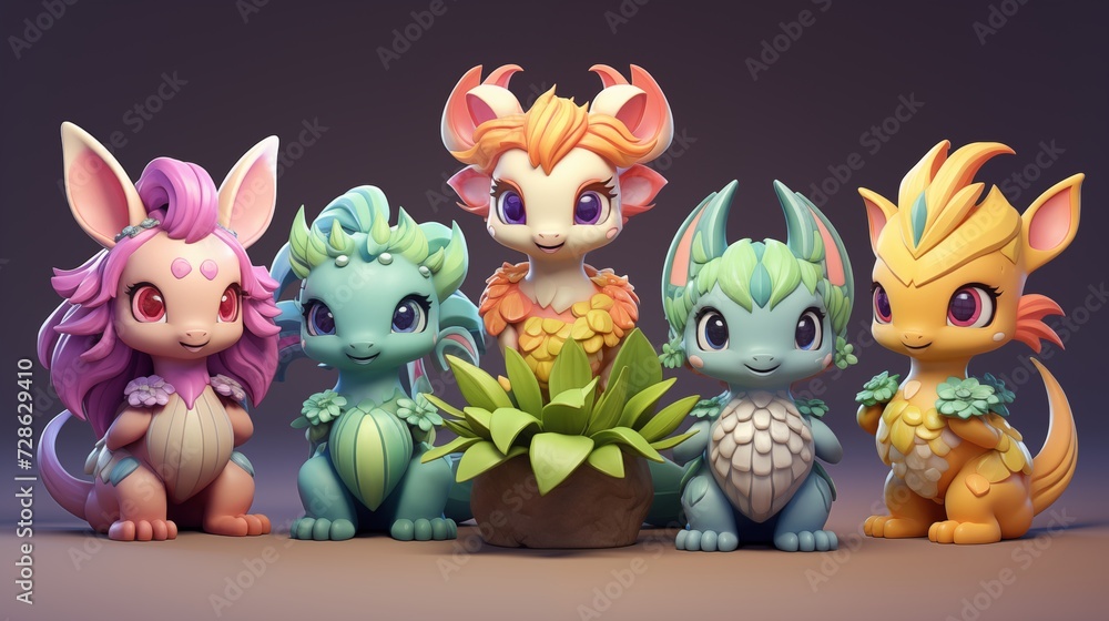 Naklejka premium dragon toy characters next to a plant