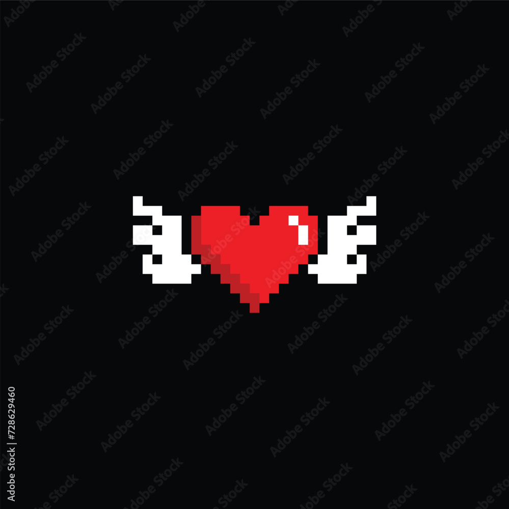 pixel wings with heart  icon.  Vector pixel art wings 8 bit logo for game