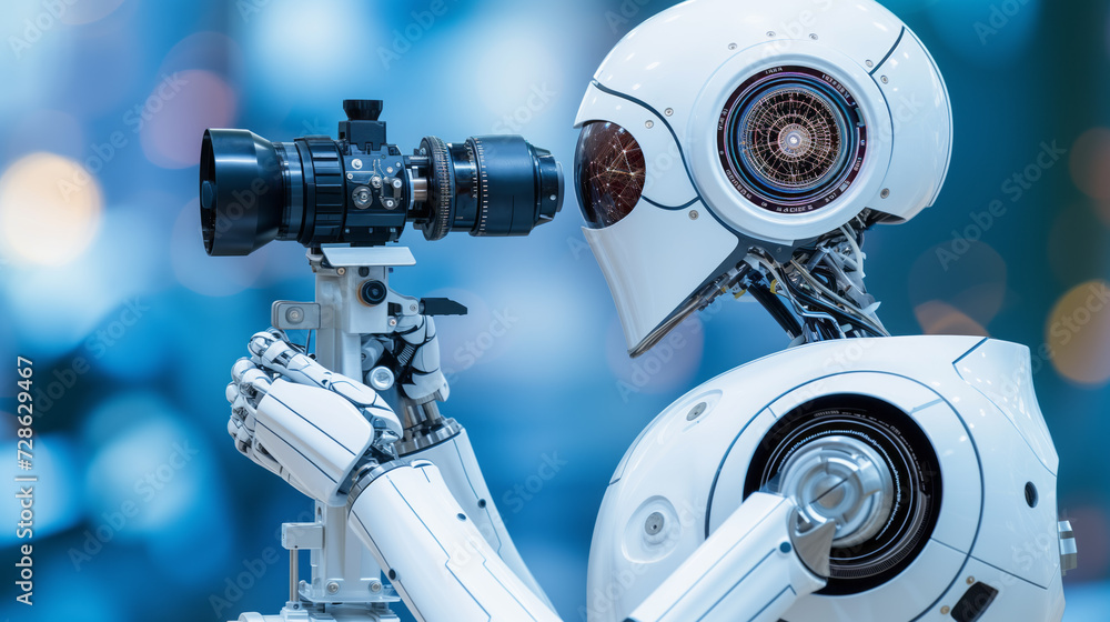 Sophisticated white robot with intricate detailing, holding a professional camera against a backdrop of soft bokeh lights that add an artistic touch. Sophisticated white robot with intricate detailing, holding a professional camera against a backdrop of soft bokeh lights that add an artistic touch.