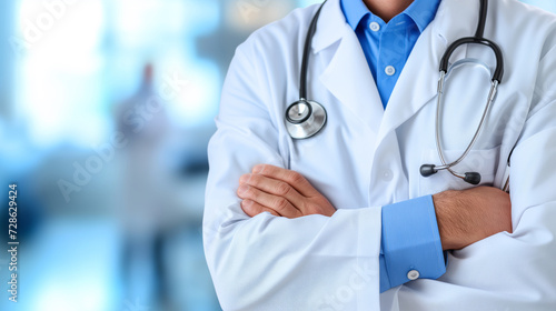 Professional and confident healthcare worker is captured midsection, adorned in a crisp white lab coat, a blue shirt, and a stethoscope hanging around the neck.