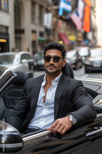 Man captured in a city environment, seated in a luxurious convertible car. The attire suggests business or formal wear, creating an aura of success and affluence. © eugenegg