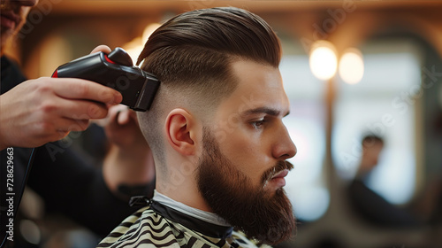 A hairdresser in a barbershop uses a hair clipper to cut a haircut for a bearded young stylish man