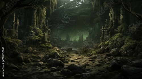 dark fantasy dungeon with trees photo