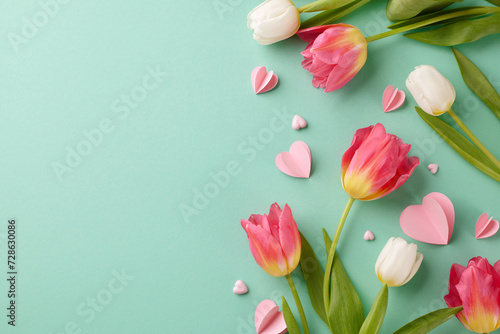 Sheroes unite: a global celebration of women's achievements and progress. Top view photo of hearts, fresh tulips on turquoise background with area for congratulations photo