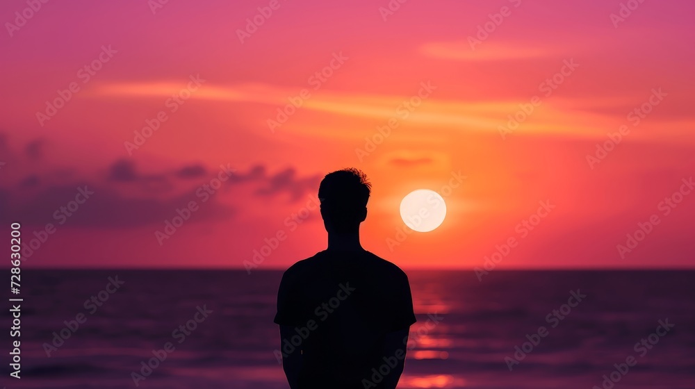 silhouette of a man looking at sunset on beach