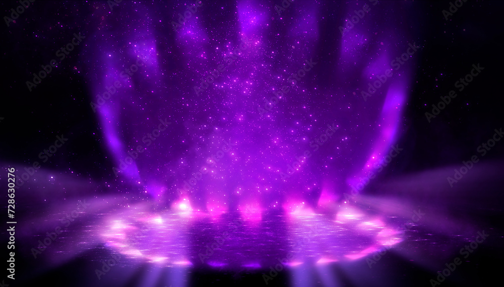 Abstract empty dark stage with purple smoke, neon, sparkles.
