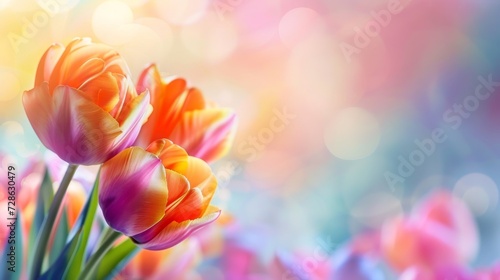 beautiful pink tulips flowers with colorful bokeh background