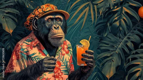 illustration of an ape in summer shirt holding juice