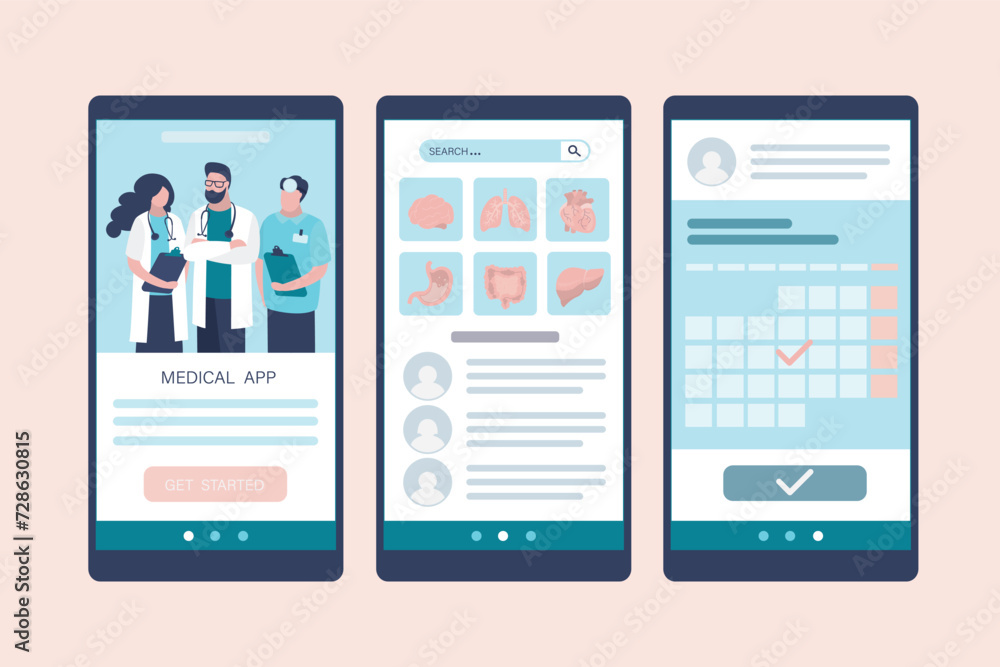 Medical application pages template for сhoosing medical services or specialists. Health care app on smartphone screen. Digital medicine, telemedicine, Medical application pages template for сhoosing medical services or specialists. Health care app on smartphone screen. Digital medicine, telemedicine,