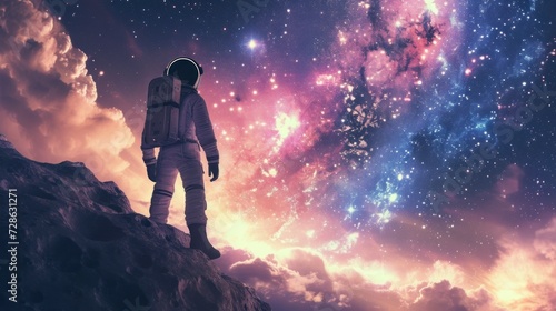 astronaut in a space suit looking at the sky full of real stars and cosmic clouds photo