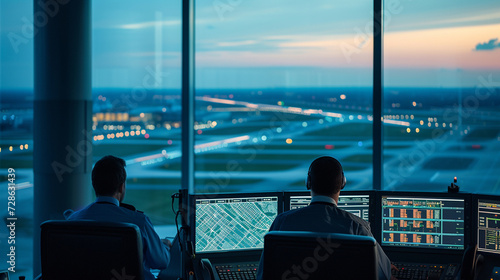 Air traffic controllers at work in the control tower, with a panoramic view of the airport runways and taxiways below The focus is on the controllers' concentration photo