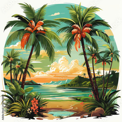 Tropical Paradise Beach Scenery Illustration  