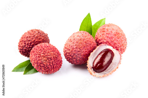 Lychee with leaves. Tropical fruits on white backgrounds