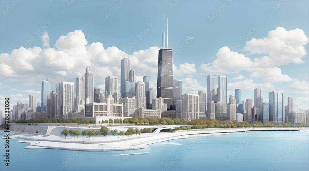 Cityscape Canvas: 3D Illustration of Chicago City with White Matte

