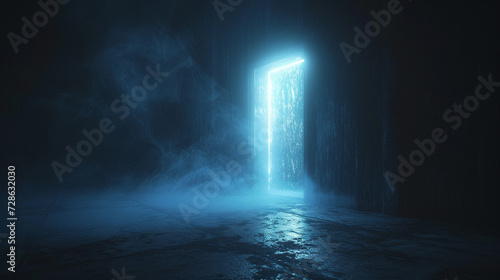 glowing portal stands in the center of a dark, mysterious room, its edges shimmering with ethereal light, the doorway seeming to lead to an unknown dimension photo