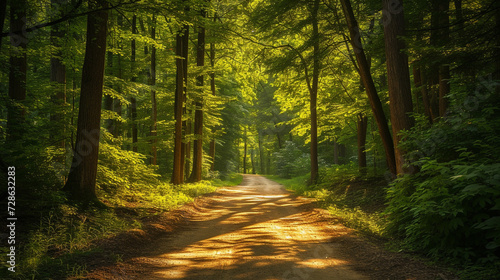 serene summer forest road, the ground drenched in sunlight, surrounded by tall trees with lush green foliage The light creates a warm, golden hue on the path