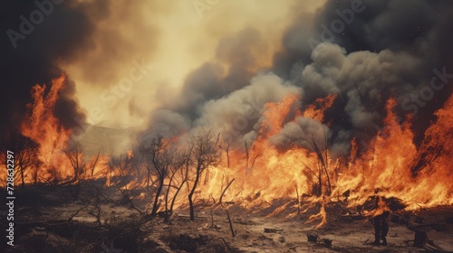 A dynamic photo realistic a.k.a. hyper detail vintage photograph of a wildfire, in color,  © Dara