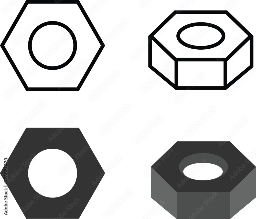 Screw nut icon set. Isometric bolt nut. Editable vector illustration outline stroke. Screw nut icon set. Isometric bolt nut. Editable vector illustration outline stroke.