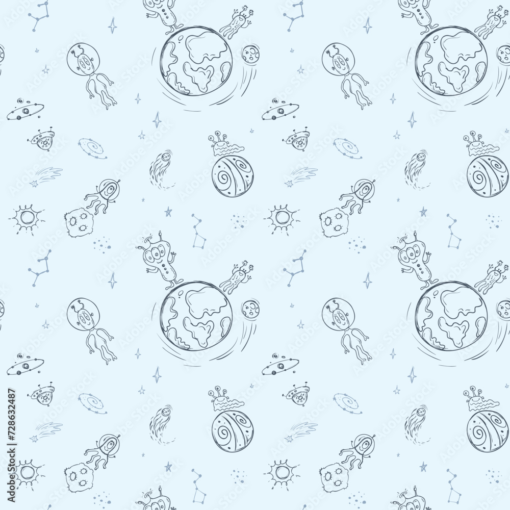 Seamless space pattern. Hand drawn space elements. Doodle aliens pattern. Space black and white design for adult and kids with cute ufo characters, Seamless space pattern. Hand drawn space elements. Doodle aliens pattern. Space black and white design for adult and kids with cute ufo characters,