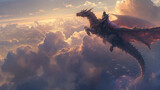 depicting a knight, clad in enchanted armor, riding atop a majestic dragon, soaring through the clouds above a fantastical landscape, showcasing an unlikely alliance