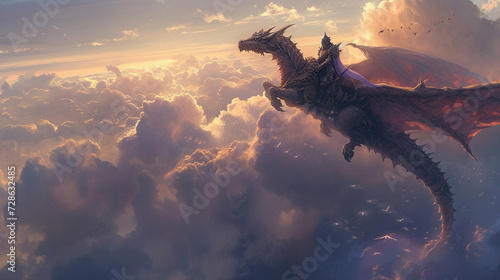 Fotografia depicting a knight, clad in enchanted armor, riding atop a majestic dragon, soar