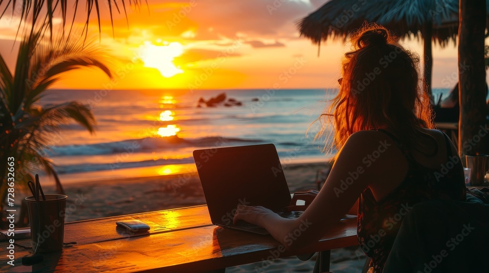 Woman working remotely on her laptop at a beach bar during a stunning sunset.