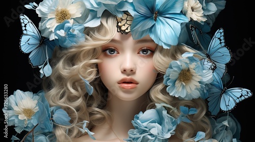 blond girl's face, hair and earrings, with blue flowers around it