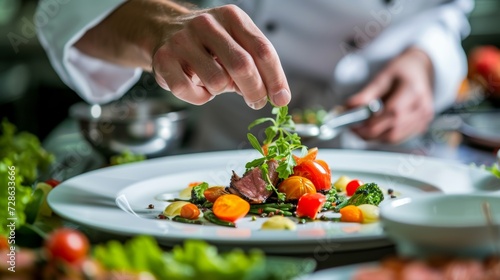 Close-up of a chef's hands carefully adding greens to a vibrant gourmet salad on a plate.